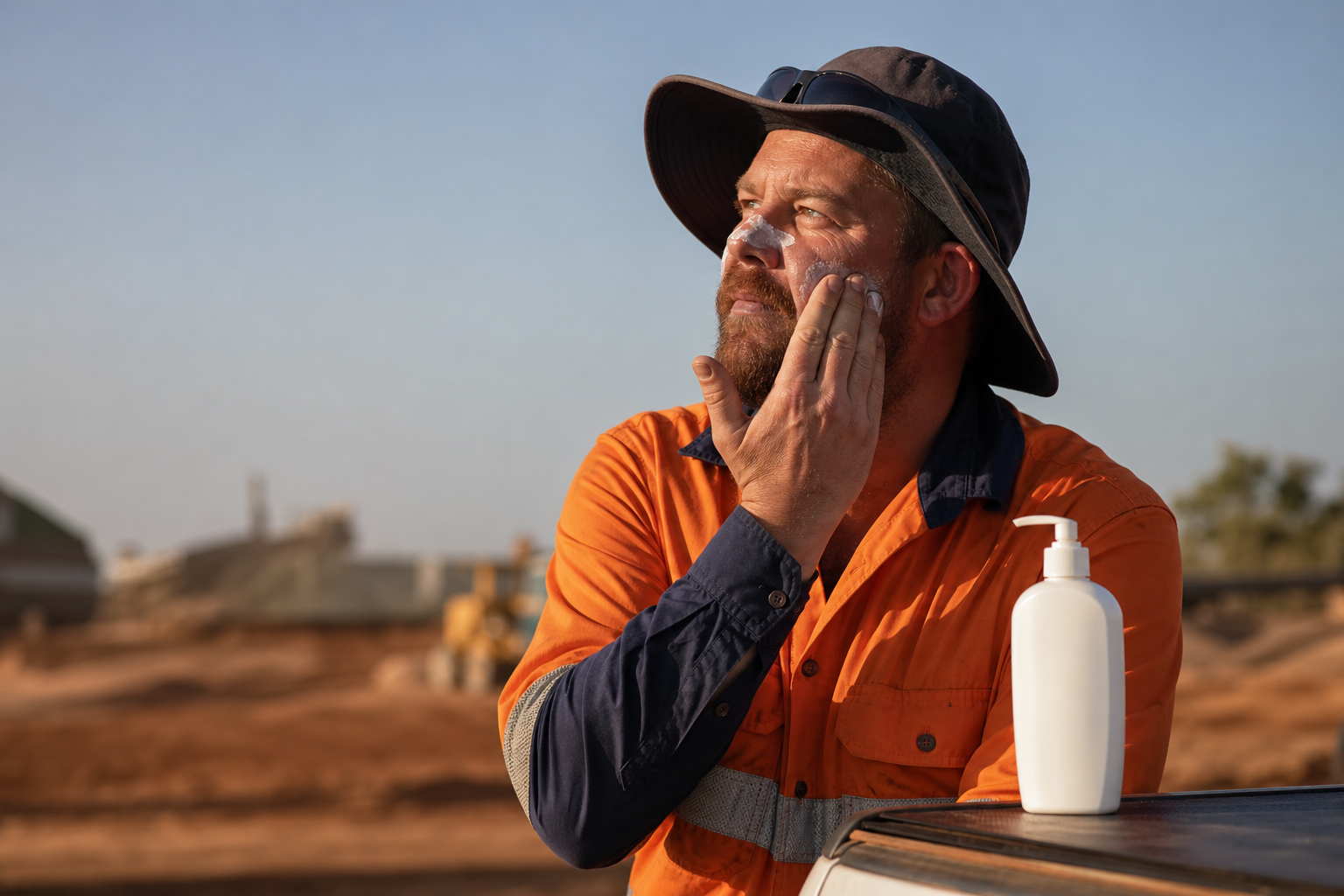 Outdoor Worker Applying Sunscreen At Sunrise